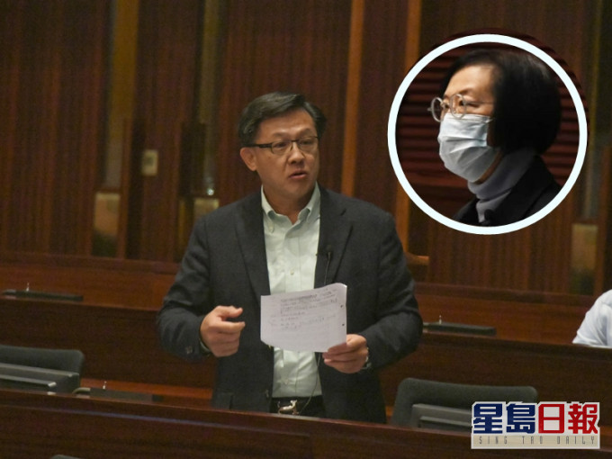 建制派议员何君尧(大图)不满陈肇始(小图)的答覆经常重覆。资料图片