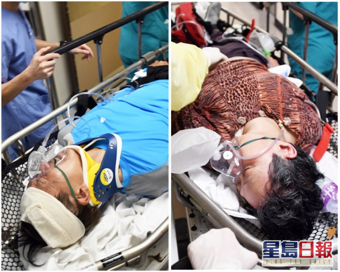 暈倒的69歲婦人(右)。跌傷頭的七旬翁(左)。