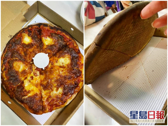 網民外賣薄餅發現底面全燶,被嘲似鞋底。「中伏飲食報料區」Facebook圖片