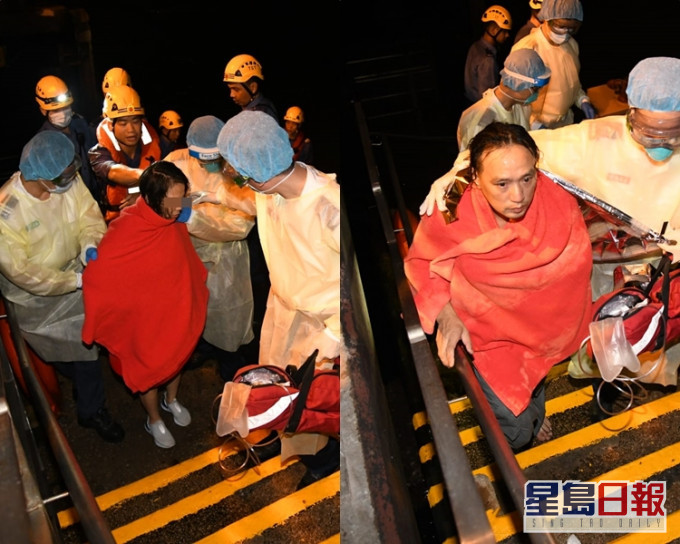 墮海女事主(左)及救人男子送院治理。
