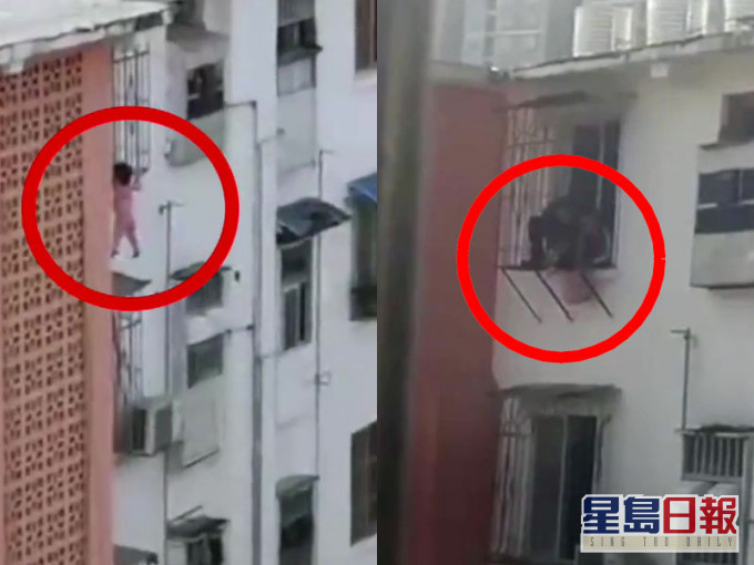 广西南宁葛村路某屋苑内一个单位内，一名家住5楼被独留家中的女童掉入了窗台防盗栏，身悬半空，幸邻居发现破门救出。(网图)