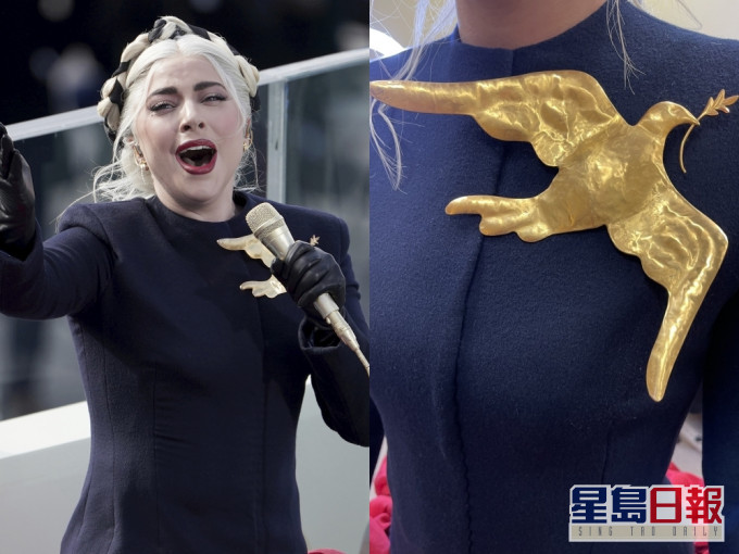 拜登就职礼Lady Gaga献唱国歌,身上巨型襟针传递和平讯息。AP/网图
