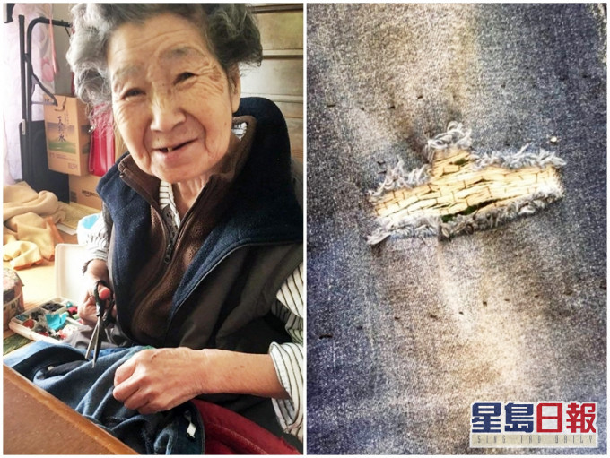 日本嫲嫲(左)帮孙女缝好破洞牛仔裤,孙女发现嫲嫲超懂时尚。网图