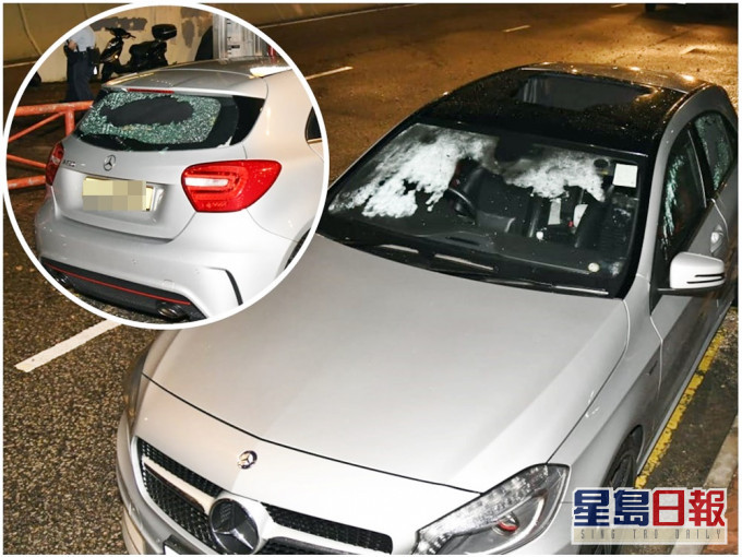 平治私家車,車窗及天窗損毀。