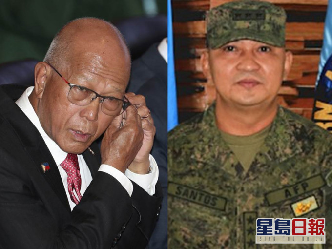 菲律賓武裝部隊總參謀長桑托斯（右）確診，國防部長洛倫扎納（左）和桑托斯有密切接觸，需自我隔離。（AP/網圖）