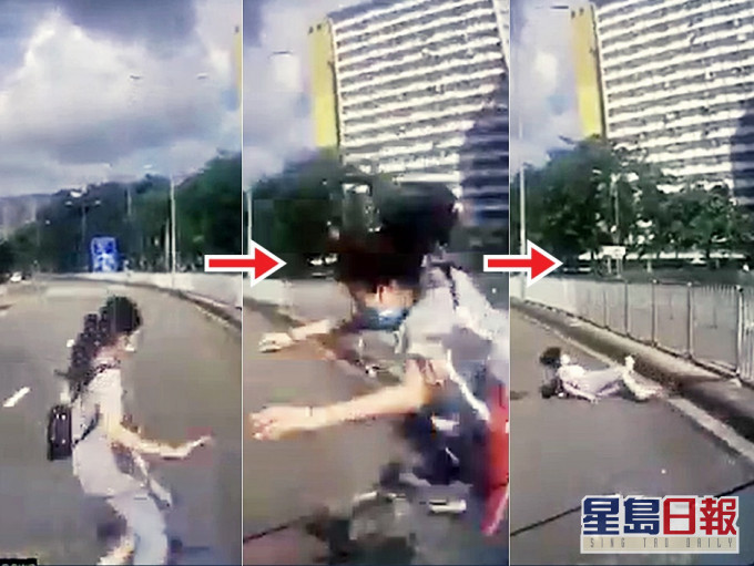 女子橫過馬路時,意外被一輛輕型客貨車撞倒。網民Gary Tam 影片截圖