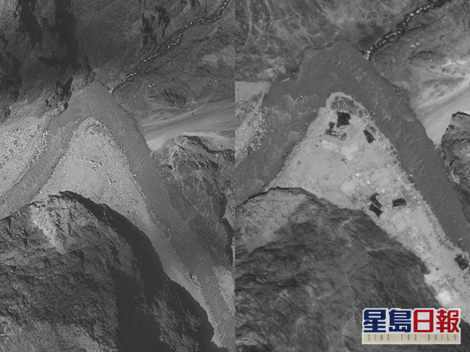 衛星圖像對比顯示,6月15日後,拍下對峙點有數十輛偽裝車輛部署。(右)7月6日的衛星圖像可看解放軍的臨時建築已拆除。(左) AP