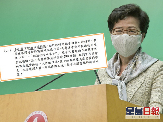 林鄭月娥透露將於下月向市民免費派發一次性的口罩。資料圖片
