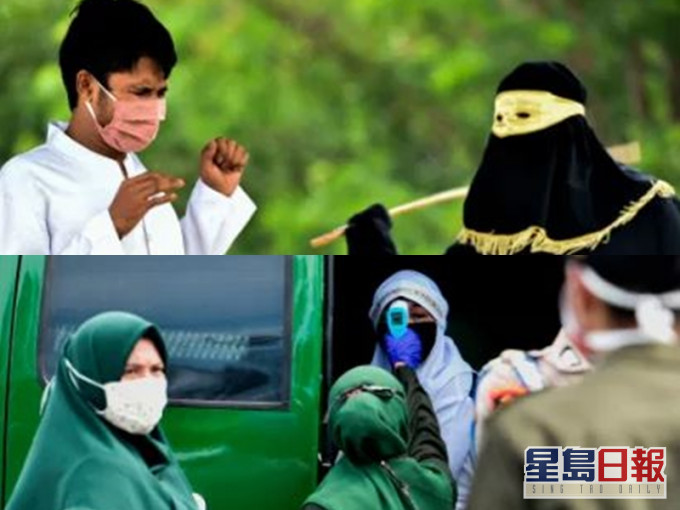 印尼男女被判鞭刑，行刑时不忘戴口罩量体温。 网图