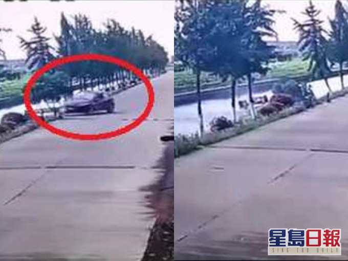 一對準新人開車駛經河邊時,但車輛漸漸往右偏。 影片截圖