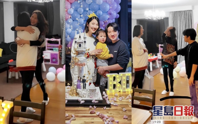 蔡少芬匿在屋里惊喜现身,李亚男开心雀跃,王祖蓝担心老婆跳跌了个B出来。