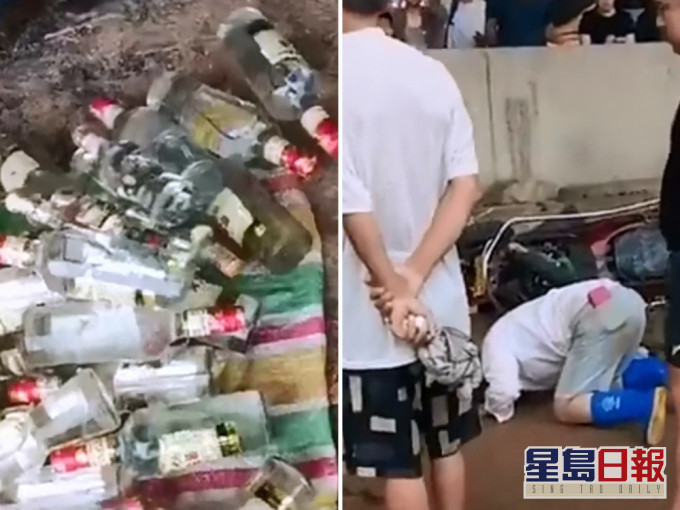 鄭州有商店老闆娘(右)向路人跪求,不要哄搶散落在附近的酒水。影片截圖