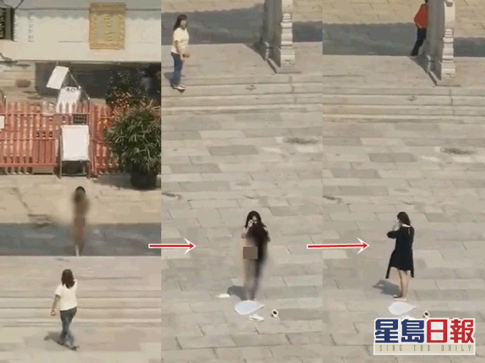 女子完全無視其他途人的目光脫剩內衣跪拜。網圖