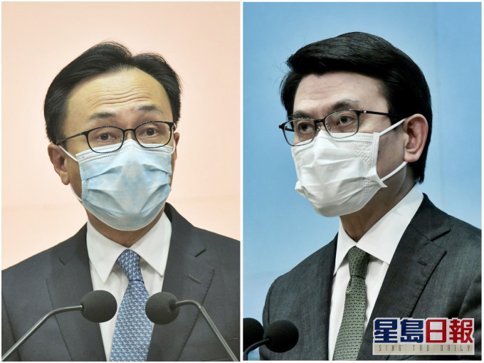 邱騰華(右)和聶德權就港星「航空旅遊氣泡」,和回港易計畫晤傳媒。資料圖片