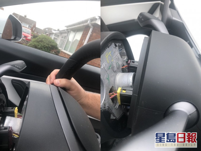 新車駕駛不足600公里軚盤鬆脫,Tesla指忘記上螺絲籲車主無需擔心。JasonTuatara Twitter