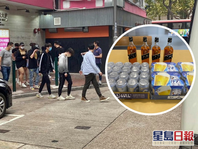 警方在尖沙嘴搗破一個無牌酒吧,拘捕11人,並檢獲約48罐啤酒及5支烈酒(小圖)。警方圖片