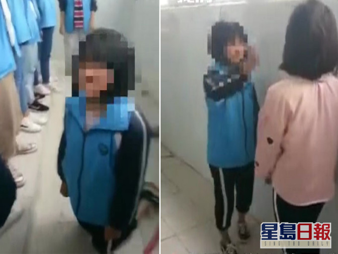 湖南中学生纠集多人让女同学下跪,并和另一女孩互相掌掴。(网图)