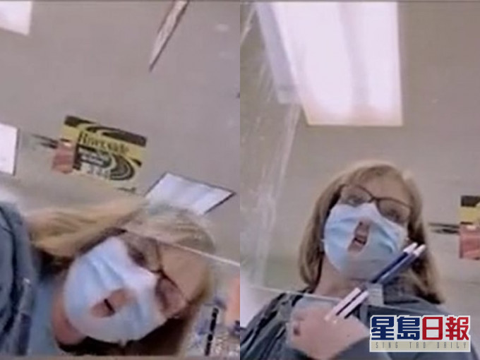美国一名女子戴上有洞口的口罩外出购物。影片截图