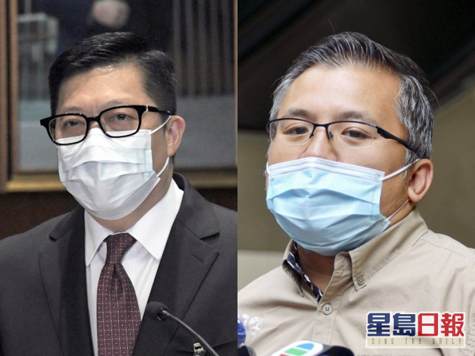 保安局局長鄧炳強(左)建議記協公佈會員名單釋疑,惟記協主席陳朗昇(右)指未經當事人同意不能披露會員個人資料。資料圖片