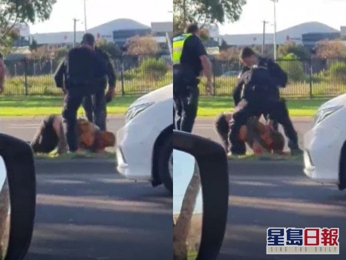 其中一名警員起腳大力踩在該名男子頭上。影片截圖