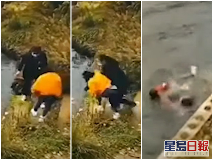 一名女子趁友人蹲下綁鞋帶時將其推入水庫。網圖