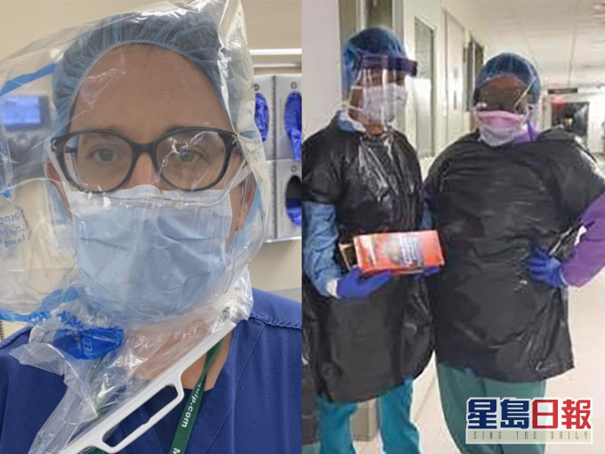英美分别有医护被警告不可透露保护装备不足,之前有医护用垃圾袋自制防护服,有医生被迫用塑料袋当防护罩。(网图)