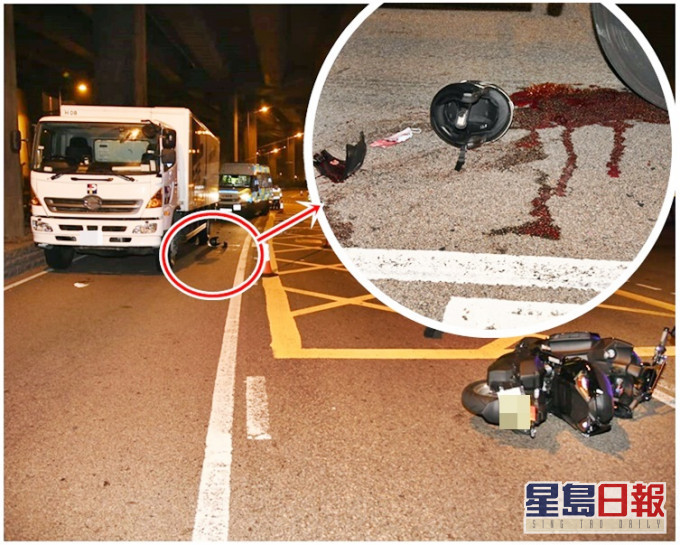 电单车(右)与超市货车(左)相撞后冲前数米始停下。小图为货车尾轮胎位置遗下的头盔及血迹。