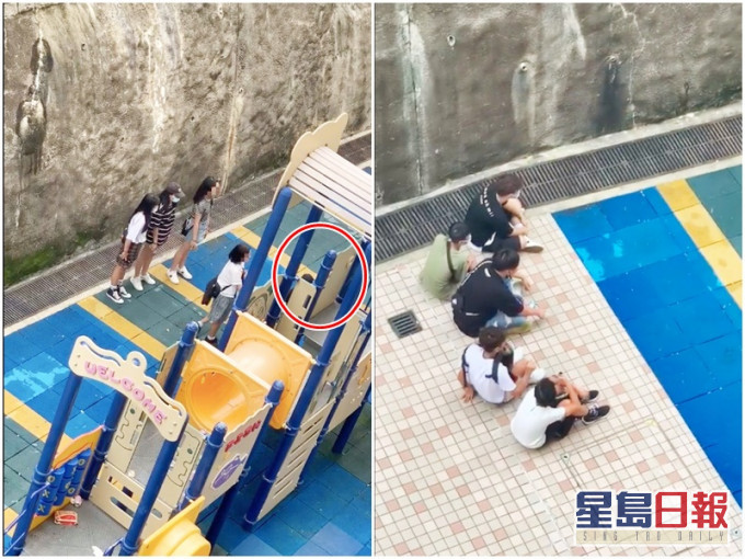 女事主(紅圈示)於石排灣邨一遊樂場內遇襲。網上影片截圖