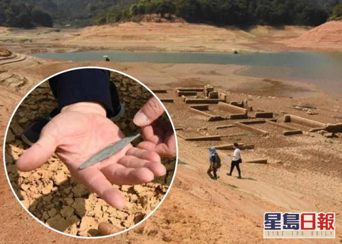 河源万绿湖部分湖面乾涸,发现古代遗迹及新石器等文物。网图