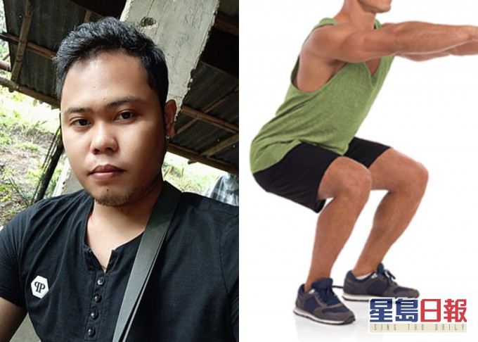 菲律賓男子佩納雷東多(左)因違反宵禁令被罰做300下深蹲(右,示意圖),疑身體無法負荷猝死。