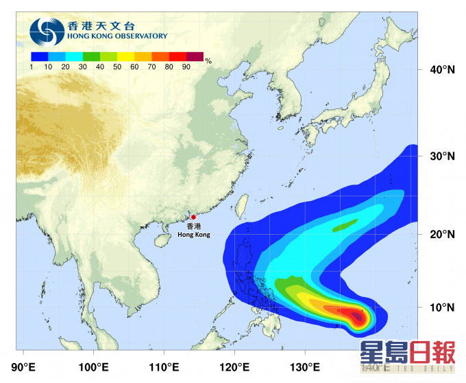 天文台预报显示「舒力基」较大机会往东北远离。热带气旋路径概率预报