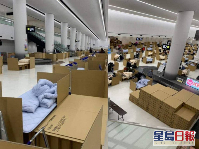 日本成田機場設紙箱床位，提供給等待採檢結果的入境者過夜。(網圖)