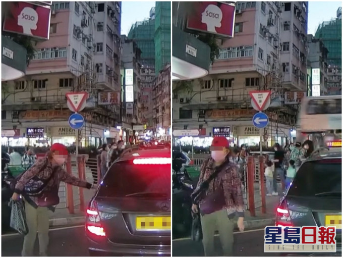 佐敦有私家車在路口讓行人過路時,突然有一名老婦走近並嘗試打開其私家車後車門。FB影片截圖