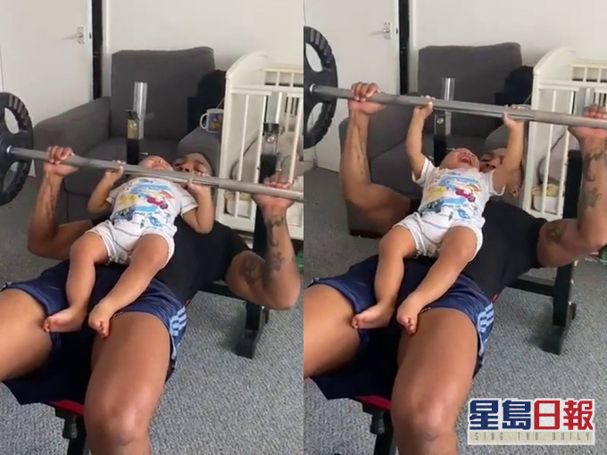 英國健身教練跟歲半兒一起舉重啞鈴,引發爭議。