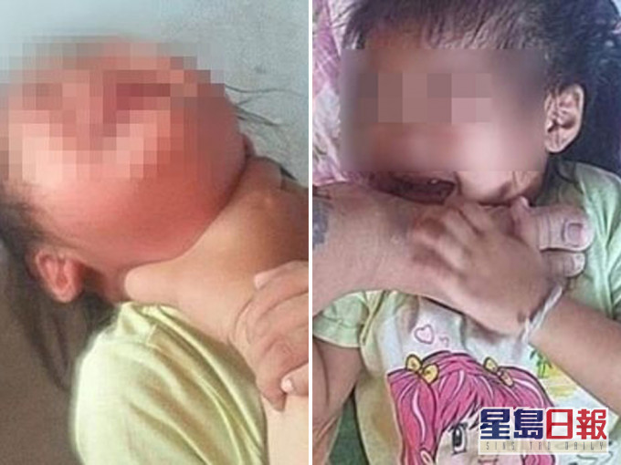 泰國一位狠母虐待3歲親女,緊掐著女兒頸部,又用腳踩在女兒臉頰上。(網圖)