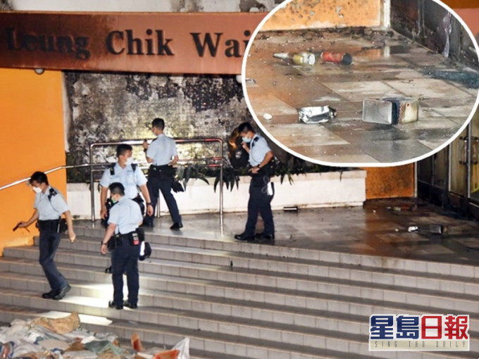 小图:消防在现场检获一樽天拿水、一罐白电油及4个小型石油气樽。