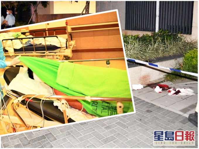 沐寧街一花槽邊遺下大灘血跡。小圖為事主送院治理。