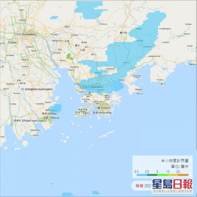 4月28日下午6時的臨近雨量預測。天文台