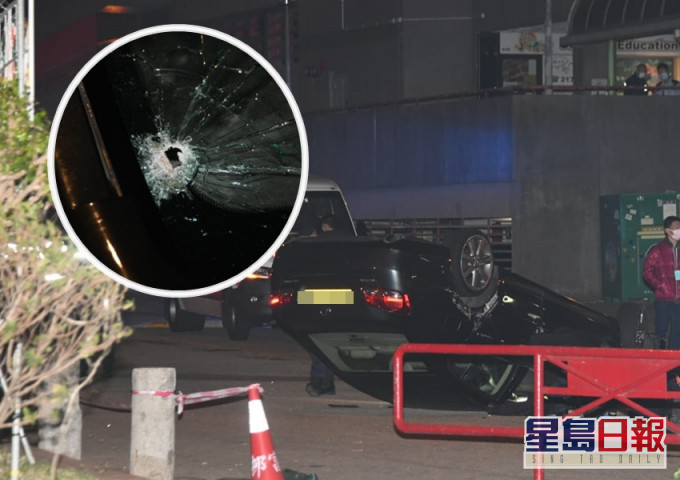 涉事私家车反车,车头玻璃被子弹打破。