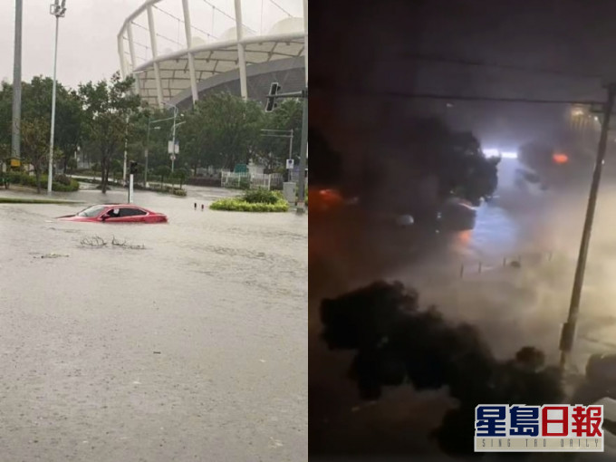 台风「黑格比」今晨登陆浙江，城市出现内涝，树木、路灯被吹倒。(网图)