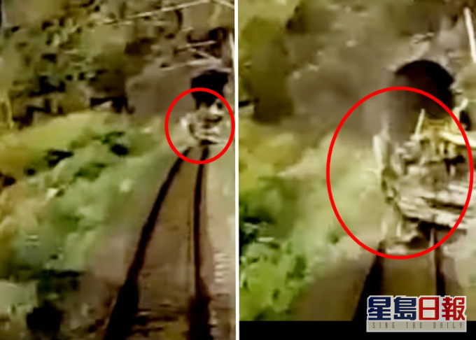 列车行车记录片段显示，司机煞车仍未能阻止与工程车相撞。影片截图
