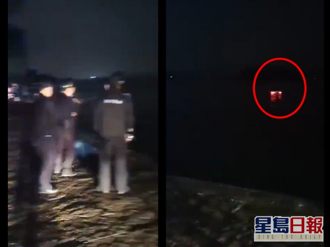 車輛(紅圈)浮在西湖上。 影片截圖