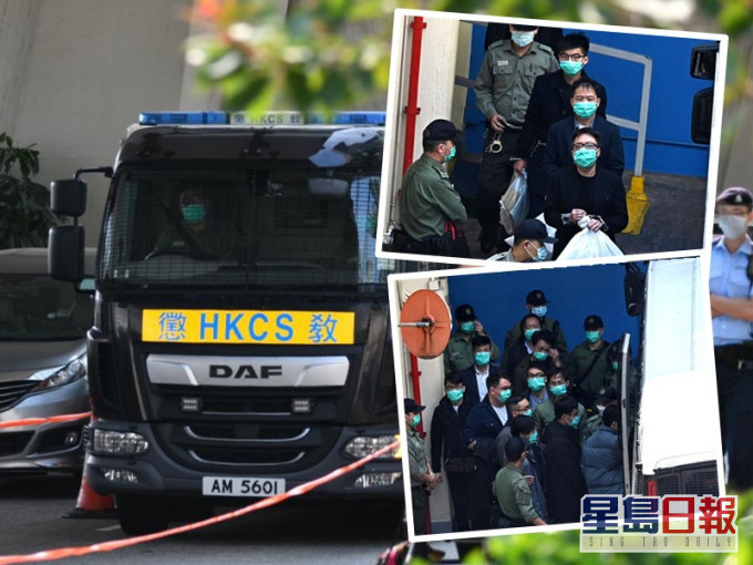 黃之鋒、胡志偉及譚得志等多名被告分由多輛囚車今早再押上庭。