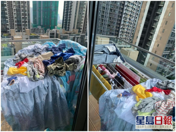 僱主衣物（左）堆成一堆，外傭自己的衣物（右）就晾得整齊。外傭僱主必看新聞訊息FB