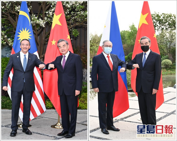 王毅分別與馬來西亞外長(左)及菲律賓外長洛欽(右)舉行會談。新華社