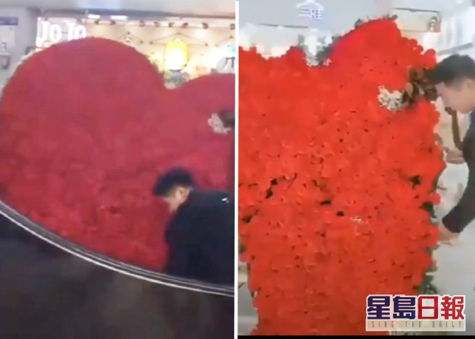内地男子为与前妻复合而准备巨型玫瑰花牌，不料在扶手电梯上被撞烂。影片截图