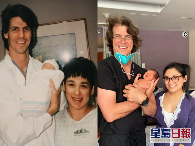 兒子與媽媽由同一位醫生接生,25年後再拍下同款照片留念。(網圖)