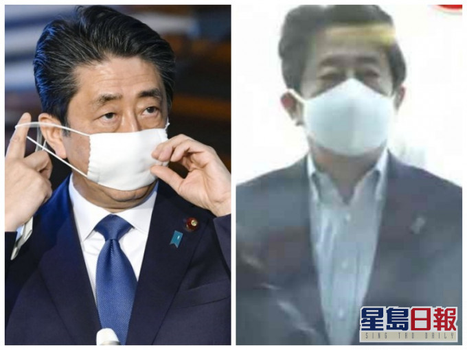 安倍终换掉小尺寸口罩(左)戴上可包覆到下巴的福岛制口罩(右)。AP/网图