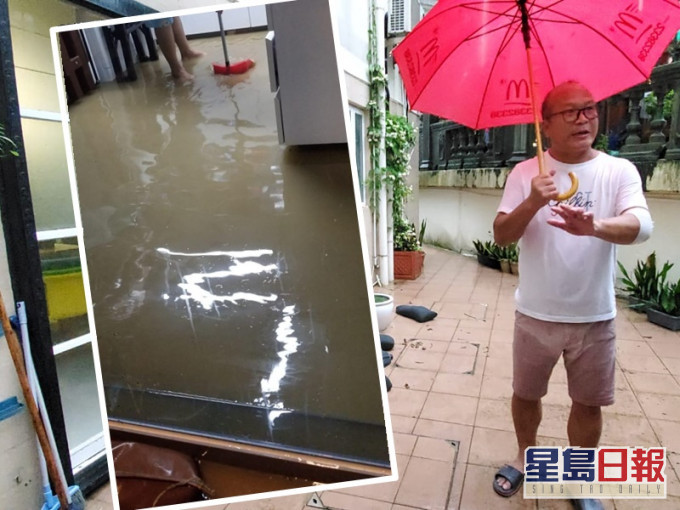 李先生指暴雨期間有大量雨水湧入屋内。小圖由村長曾先生提供。