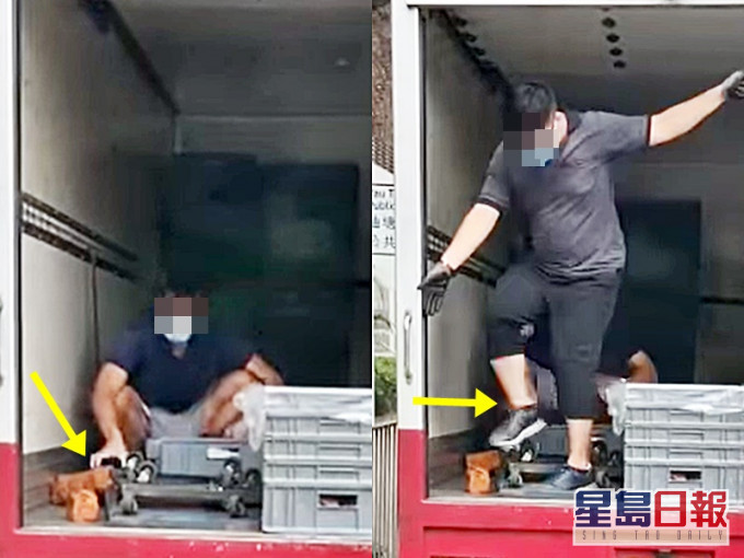 一名送貨員徒手執麵包,另一人鞋底跨過麵包。Tai Po大埔FB影片截圖